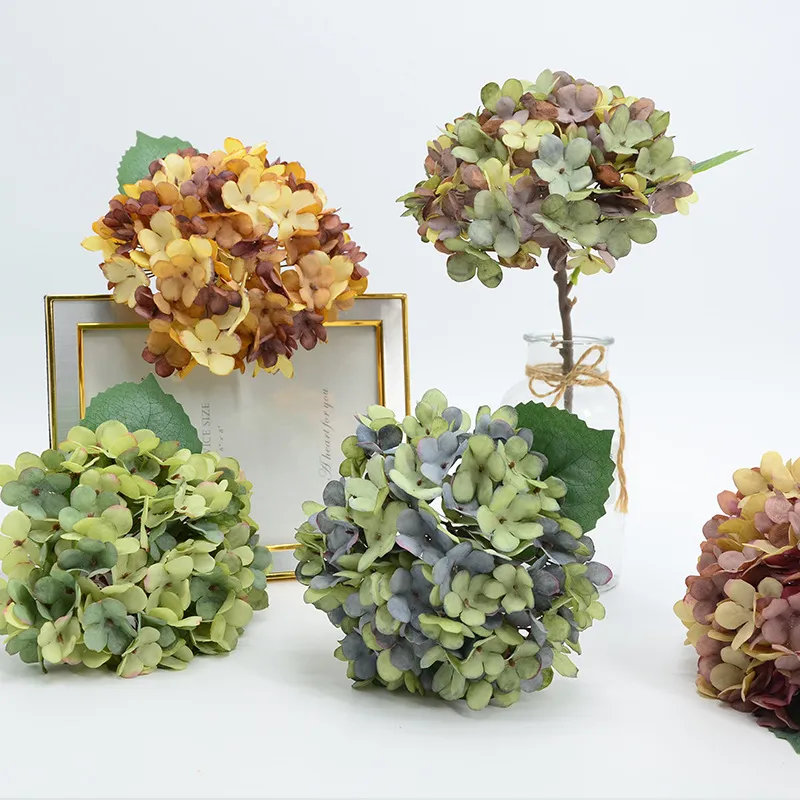 Hortensia de Seda Retro Europea Tallo Único Flores Falsas Artificiales Arreglo Floral de Otoño Vintage para Mesa de Boda Decoración del Hogar