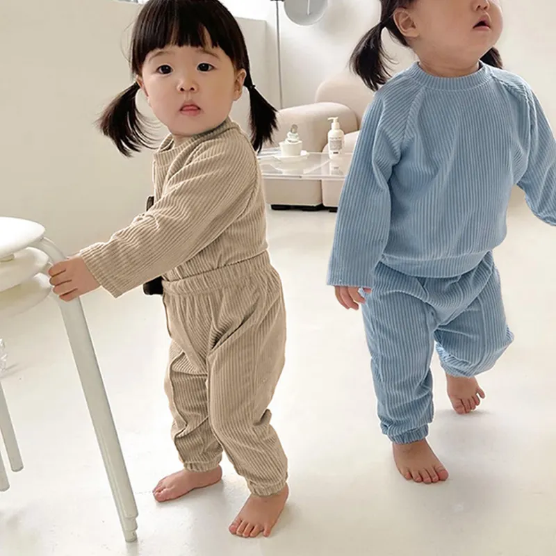 Kids Spring Corduroy Casual Outfit Set Long Sleeve Pullover Top And Long Pants Unisex Baby Sportswear Clothing