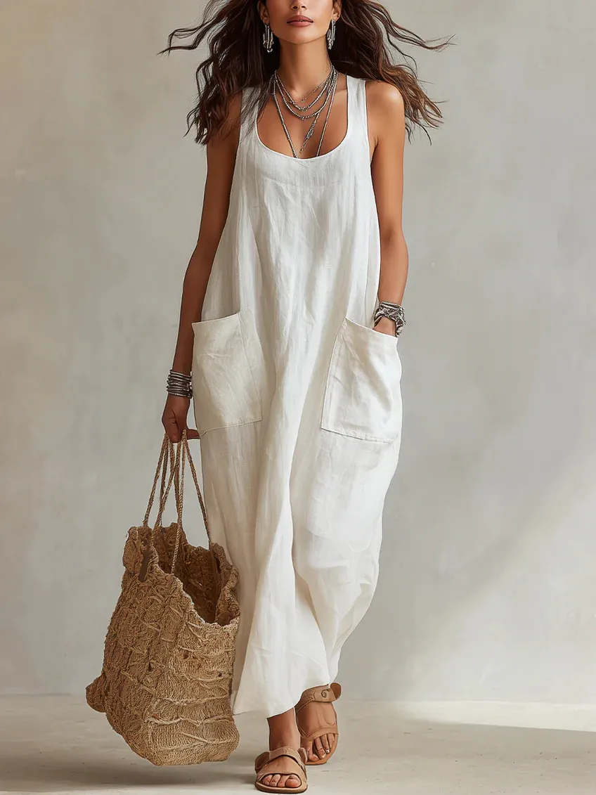 Women Elegant Polyester Cami Dress Solid Color Pocket Maxi Dress Loose Casual U-Neck Woven Dress For Summer Vacation Beach