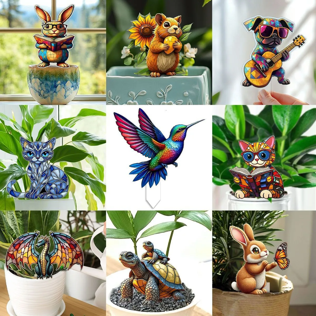 Acrylic Plant Pot Decorative Insert Cute Cartoon Animal Plant Stakes Desktop Potted Landscape Garden Ornament Decor
