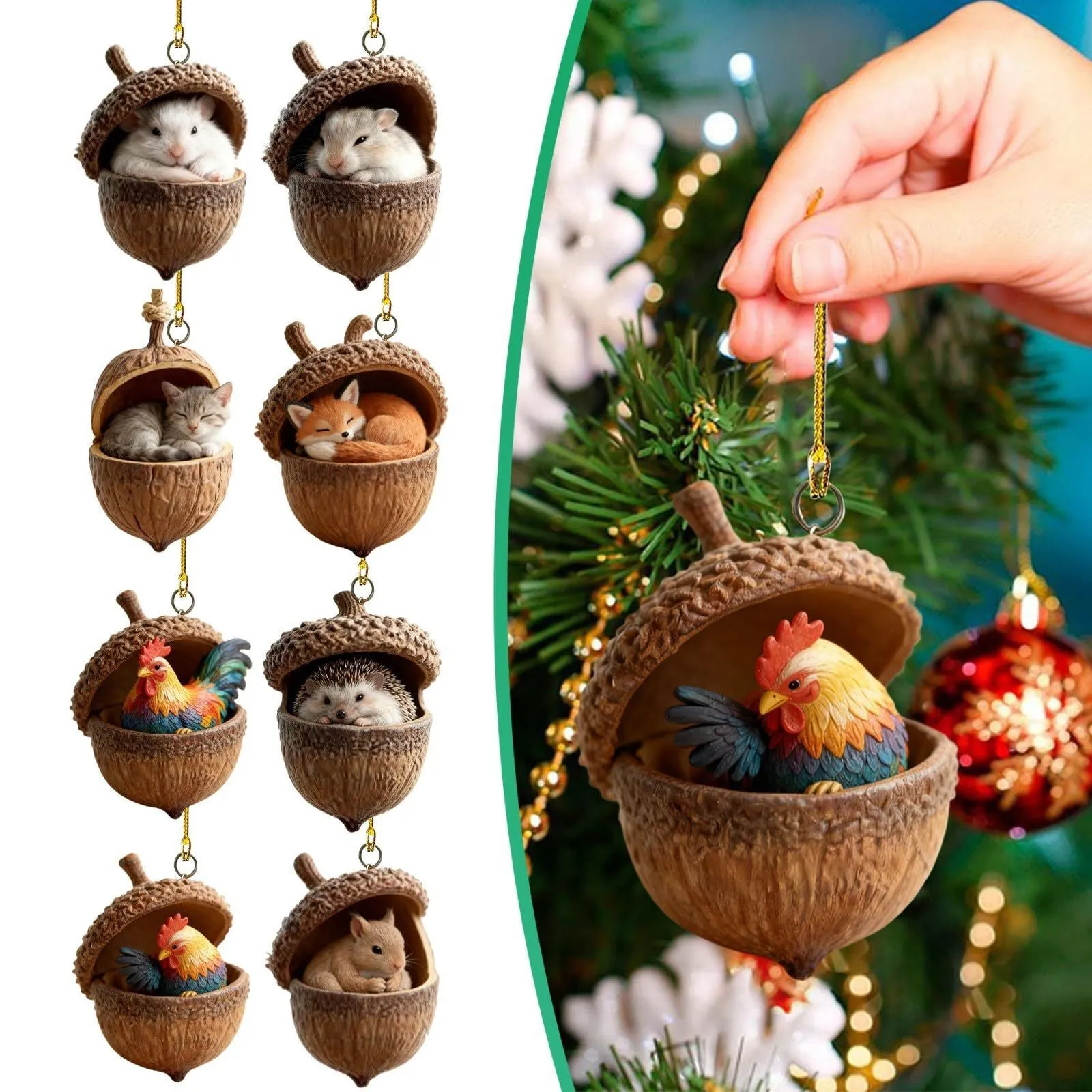 Forest Animal Acorn Acrylic Christmas Tree Hanging Ornament Cute Woodland Pine Cone Animal Pendant Holiday Party Decor