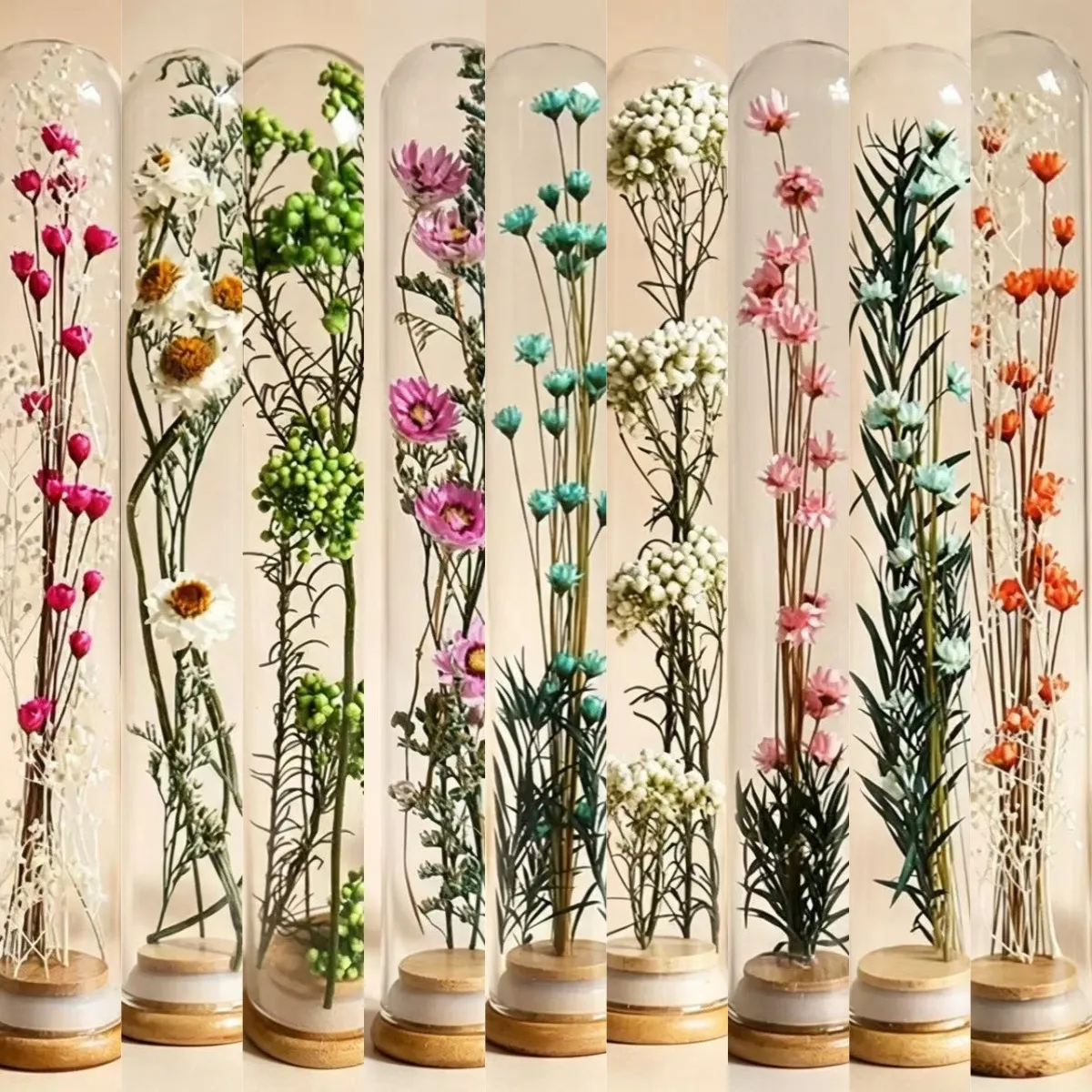 Mini Getrocknete Konservierte Blume Glas Reagenzglas Wunschflasche Holzsockel Blumen Dekor Geschenk Party