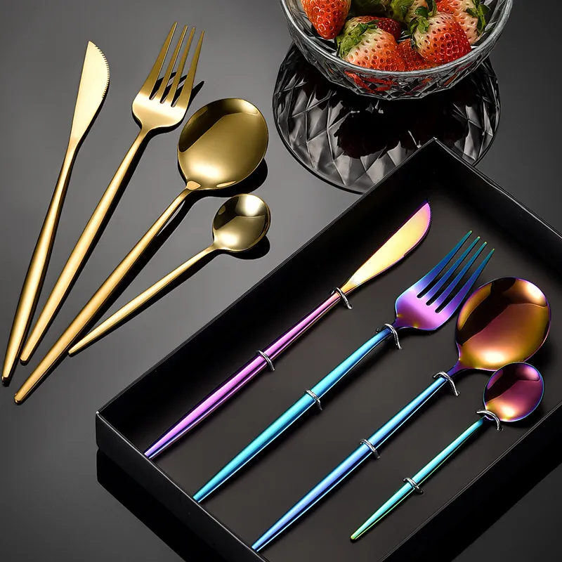Stainless Steel Portuguese Cutlery Set Gold Silver Black Pink Green Red White Handle Tableware Knife Fork Spoon
