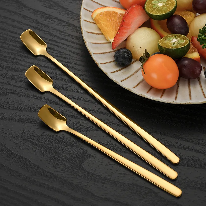 304 Stainless Steel Long Handle Square Head Spoon Metal Dessert Coffee Stirring Spoon Ice Cream Tea Spoon