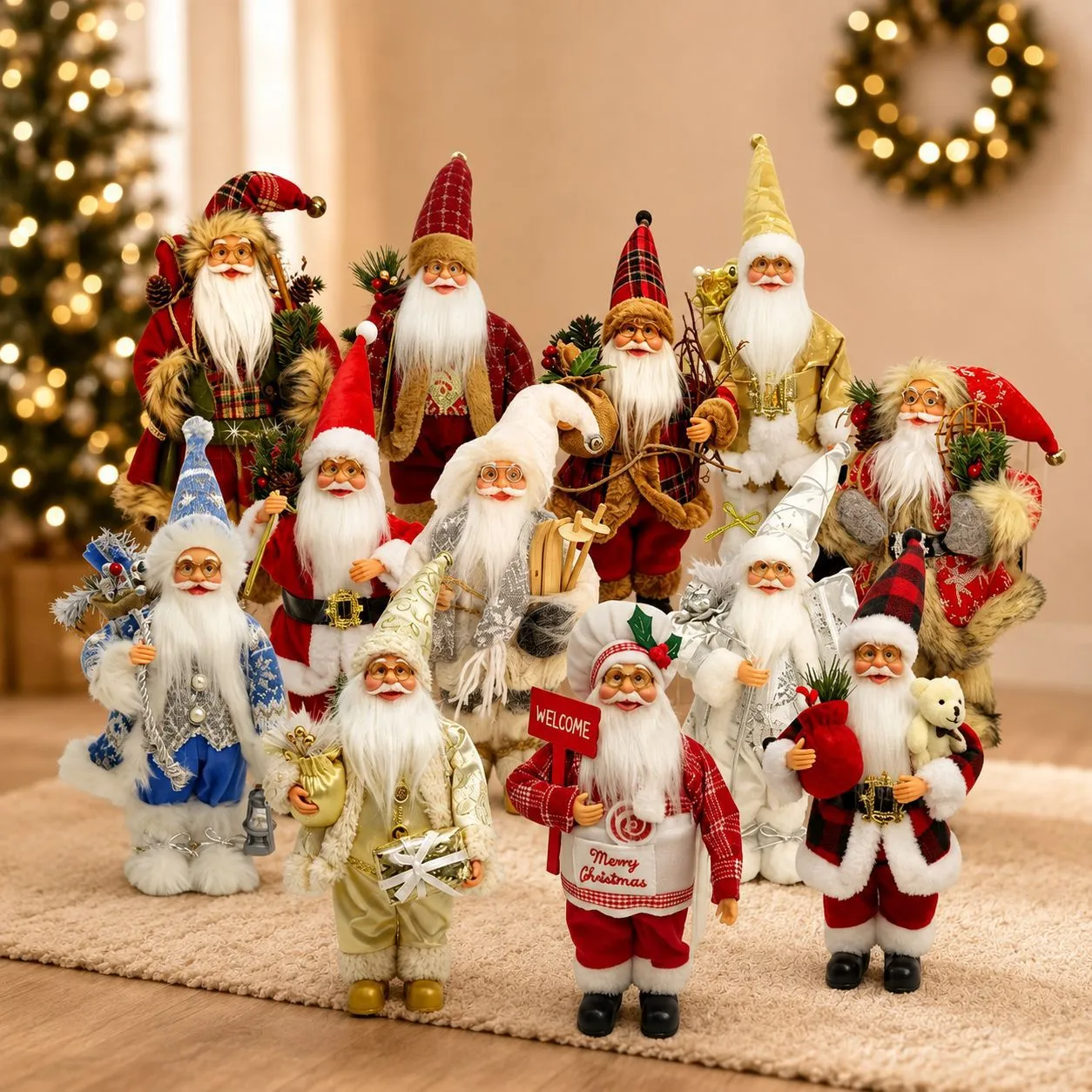 Poliéster Tela Papá Noel de Pie Figurita de Peluche Clásica Muñeca de Personaje Navideño Escaparate Comercial Decoración de Mesa Hogar