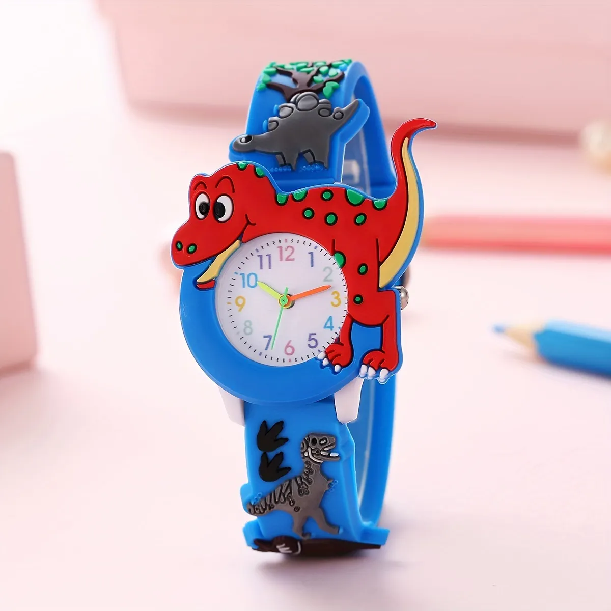 Kids Cartoon Dinosaur Quartz Watch 3D Embossed Silicone Strap Analog Round Wrist Watch Cute Students Time Teacher Wristwatch Gift For Children