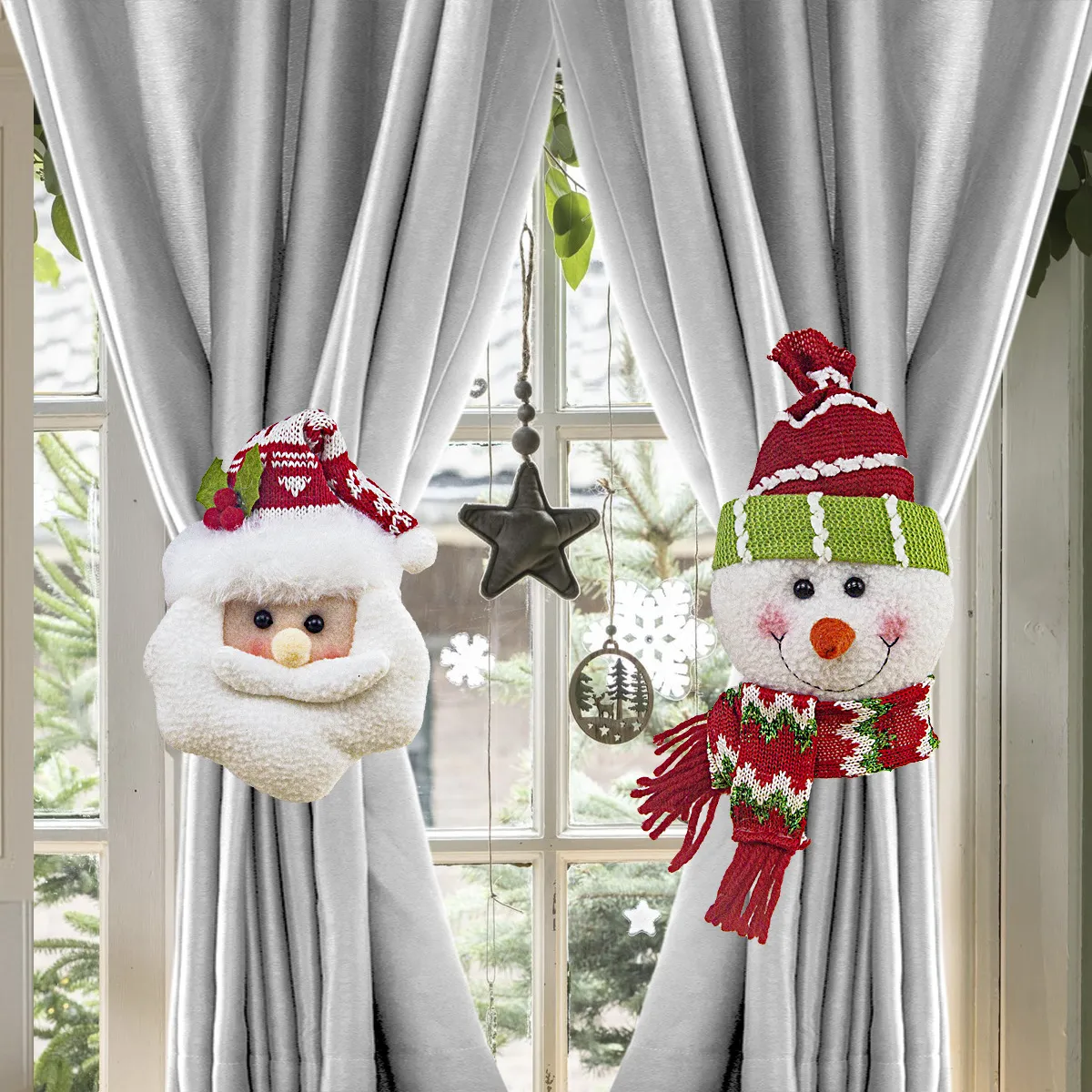 Christmas Curtain Tiebacks Santa Claus Snowman Plush Doll Curtain Buckle Holders For Home Holiday Window Decorations Christmas Ornaments
