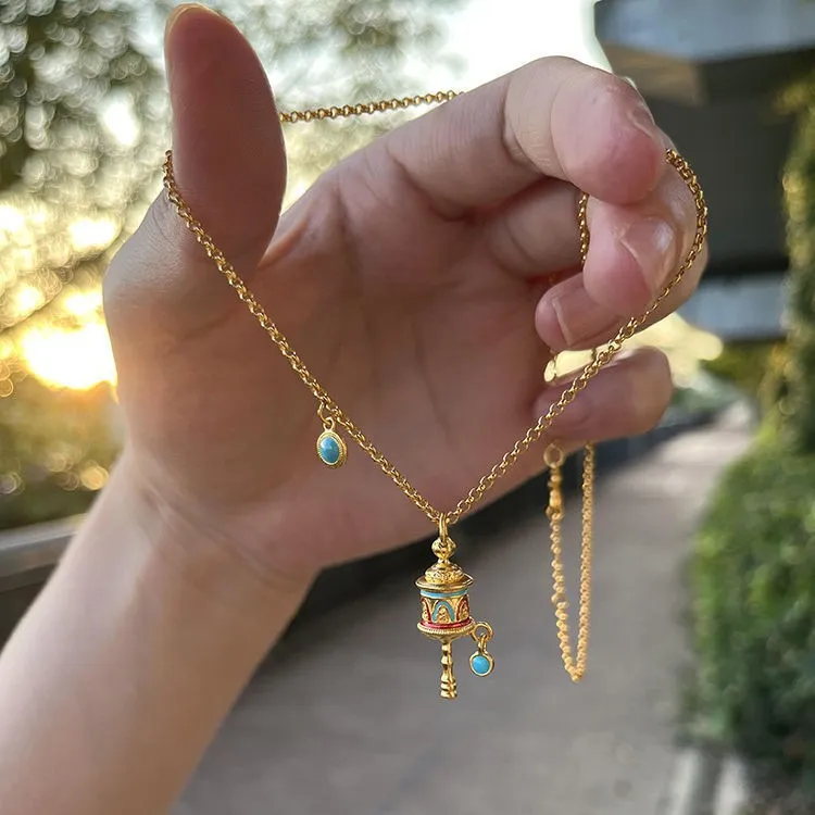 Vintage Tibetan Ethnic Gold Plated Enamel Prayer Wheel Rattle Pendant Necklace Geometric Alloy Choker Necklace For Women Jewelry