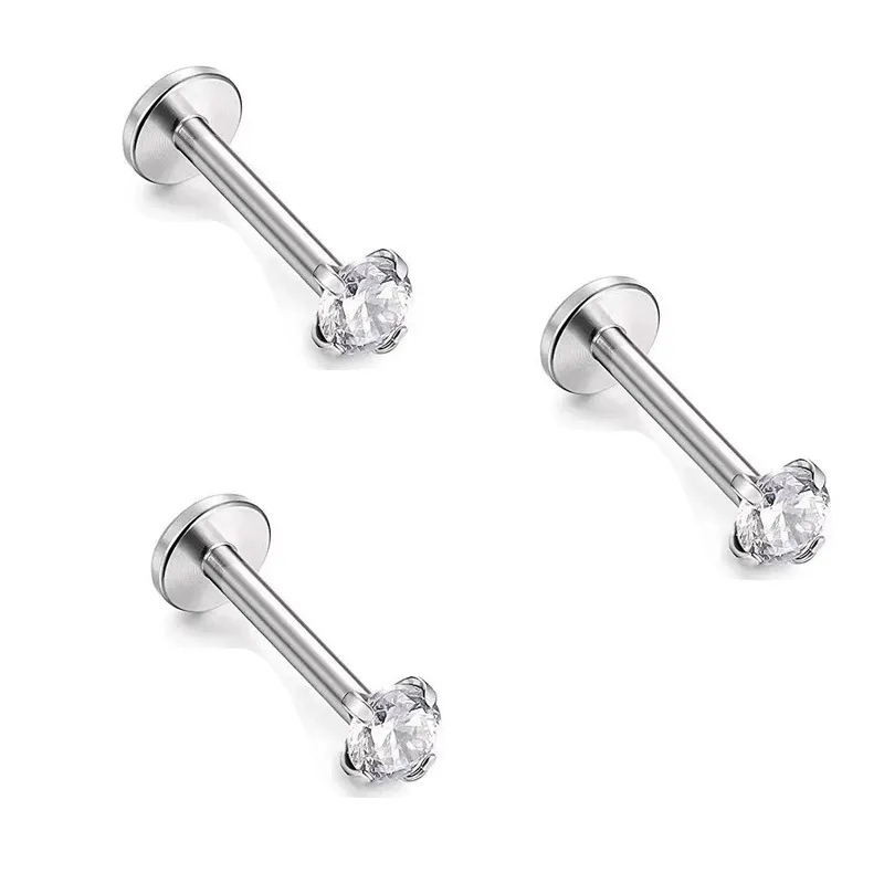 Stainless Steel Rhinestone Lip Ring Internal Thread Piercing Stud Labret Internally Threaded Cartilage Earring Helix Tragus Piercing Jewelry for Men Women