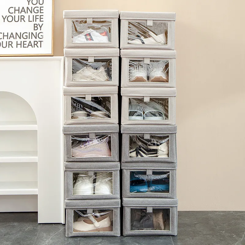 Foldable Shoe Storage Box Fabric Dustproof Organizer Container With Clear Visible Window For Bedroom Closet Home Shoes