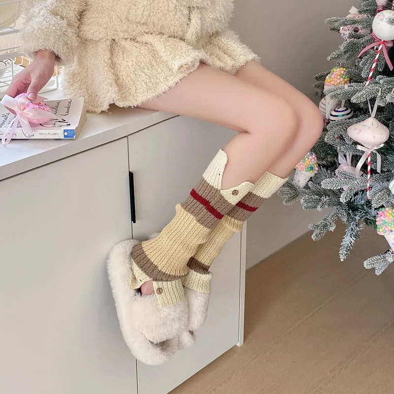 Women Winter Knit Leg Warmers Retro Button Color Block Slouch Socks Y2K Fashion Calf Warm Socks Boot Cuffs