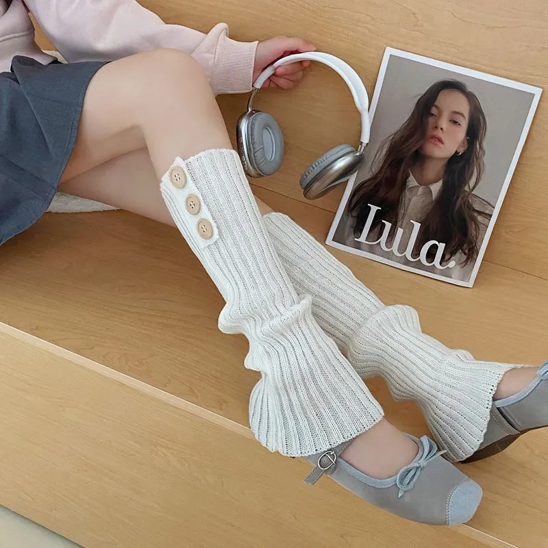 Women Casual Knitted Leg Warmers Solid Color Button Split Y2K Style Stretchy Calf Socks Winter Fashion Accessories