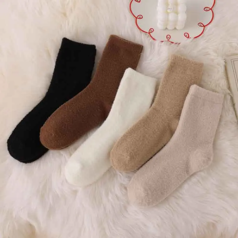Women Winter Thickened Warm Coral Fleece Mid Tube Socks Solid Color Soft Fluffy Thermal Fleece Lined Socks