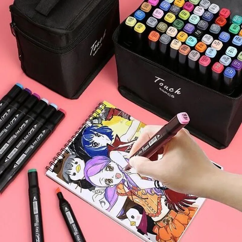 Set di Pennarelli ad Alcol Oleoso a Doppia Punta Penne da Disegno d'Arte per Schizzi Con Borsa di Stoccaggio e Base Forniture per Ufficio Scuola