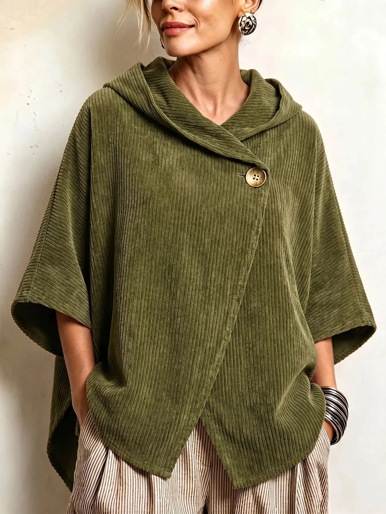 Women's Corduroy Hooded Jacket Lazy Style Loose Slant Button Three Quarter Sleeve Cape Coat For Autumn Winter Casual Outerwear