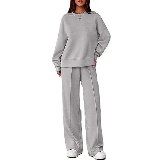 Dames Casual Polyester Spandex Los Top En Bottom Effen Kleur Afhangende Schouder Ronde Hals Lange Mouw Lange Broek Casual Set Voor Lente Zomer Dagelijks Vrouwen Kleding