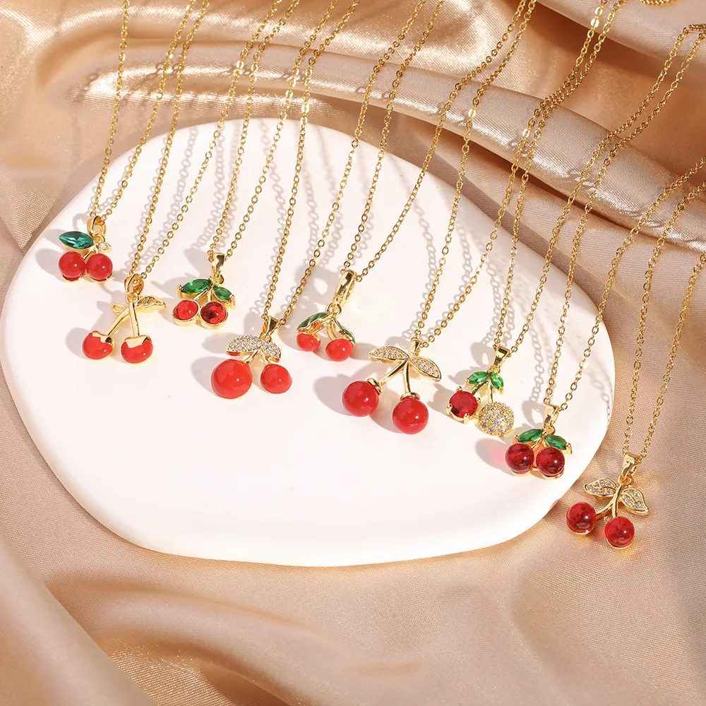Sweet Strawberry Cherry Zirconia Pendant Stainless Steel Necklace Gold Plated Fashion Jewelry Gift For Women