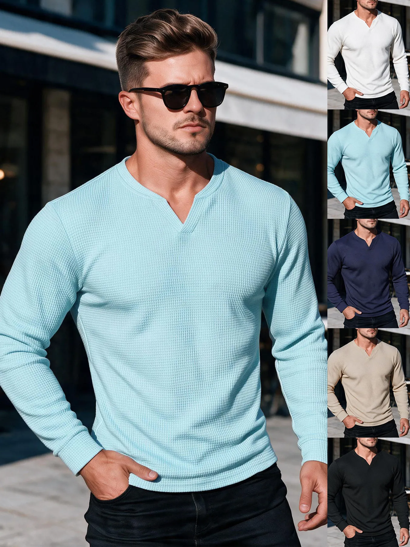 Men's Casual Waffle Knit T-Shirt Small V-Neck Long Sleeve Slim Fit Solid Color Polyester Top Outdoor Fashion Urban Clothing