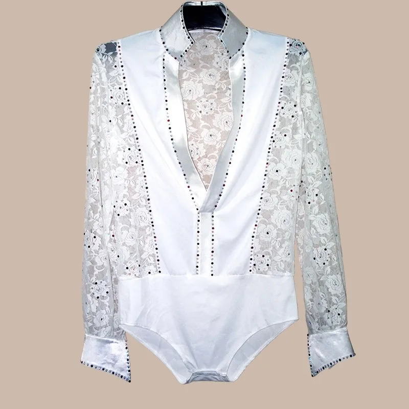 Boys V-Neck Latin Dance Top Long Sleeve Lace Mesh Performance Competition Costume Children Practice Dancewear