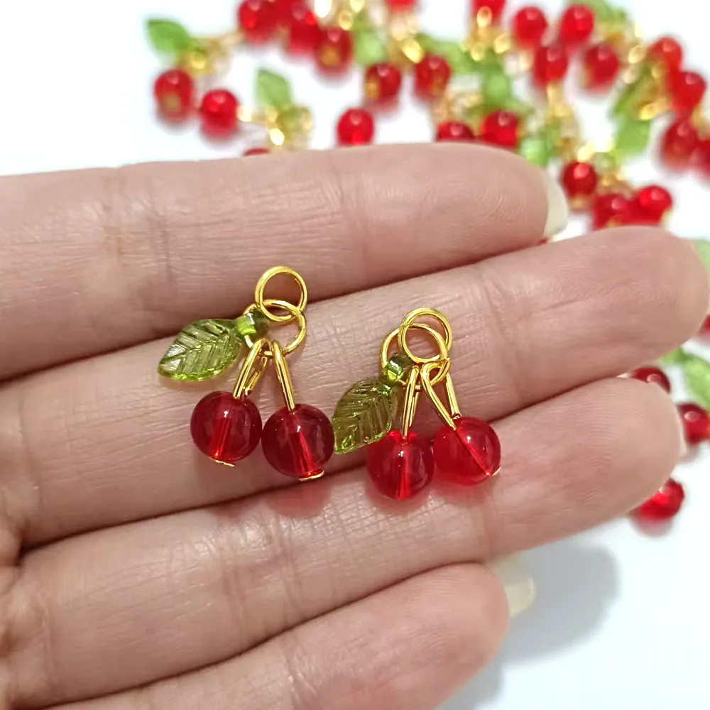 Cute Red Cherry Fruit Pendant Charm Alloy Sweet Style Botanical Jewelry Findings For DIY Bracelet Phone Strap Keychain