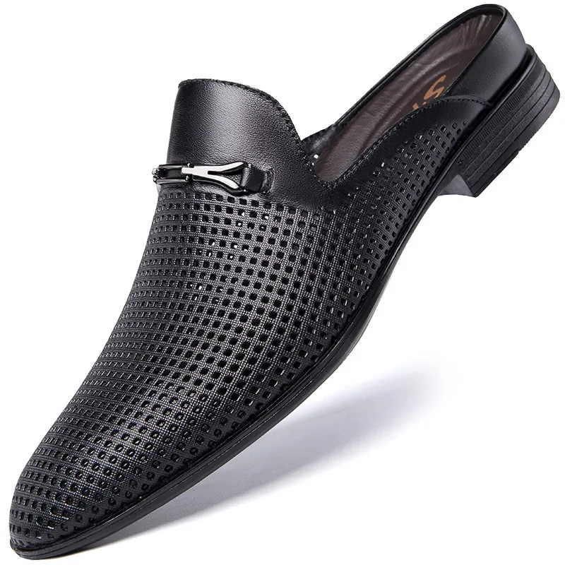 Men Casual Top Layer Cowhide Closed Toe Half Slippers British Style Breathable Summer Backless Mules Leather Shoes