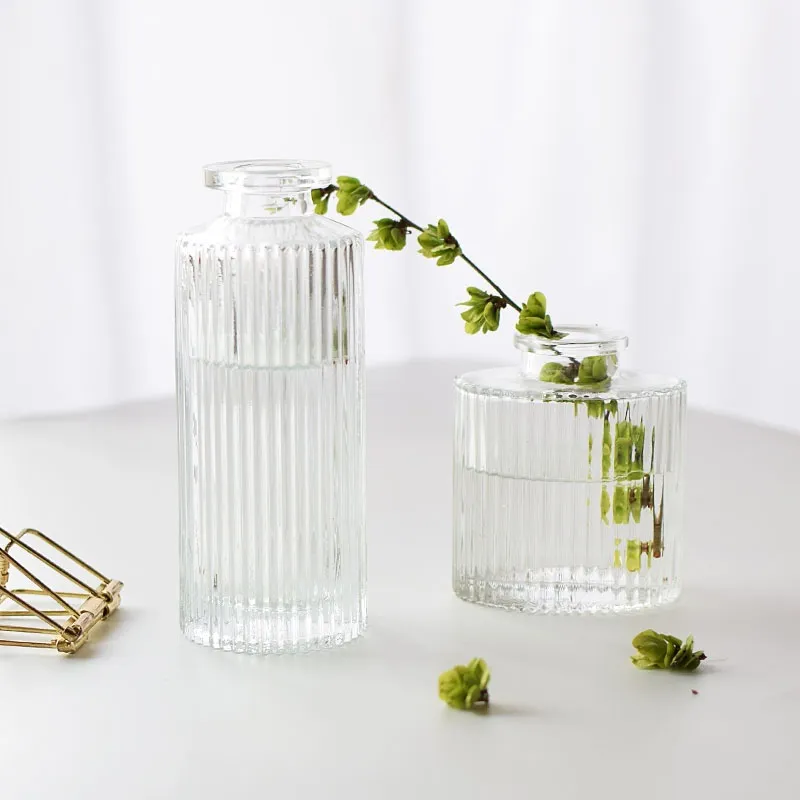 Nordic Transparent Glass Vase European Style Vertical Striped Hydroponic Plant Container Desktop Home Decor Flower Vase