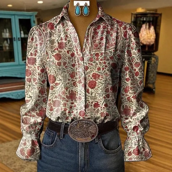 Damen Langarm Glockenärmel Hemd 3D Digitaldruck Tencel Polyester Revers Vintage Blumen Paisley Lässig Button Up Top