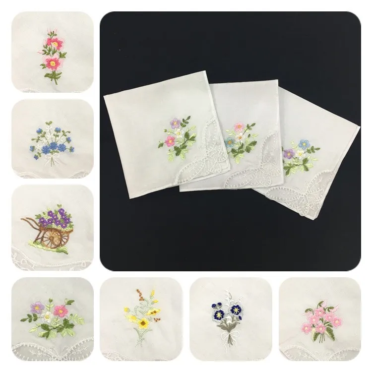 Damen Baumwolle Bestickt Taschentuch Blumen Spitzenbesatz Vintage Hanky Schweißabsorbierend Tägliches Einstecktuch Textil