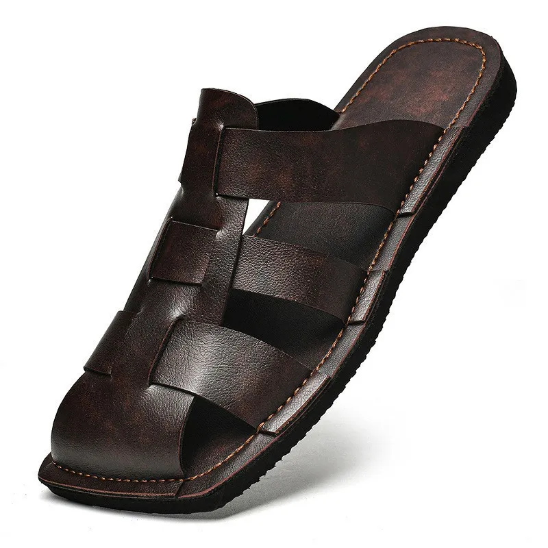 Herren Casual Geschlossene Hausschuhe Sommer Outdoor Strand Sandalen Mikrofaserleder Atmungsaktiv Handgefertigt Flache Schuhe