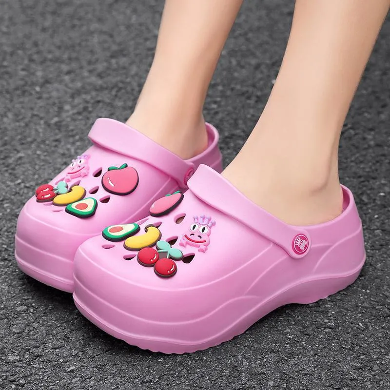 Women Thick Platform Clogs Casual Cute Cartoon Fruit Charms Breathable EVA Beach Slippers Outdoor Fashion Footwear