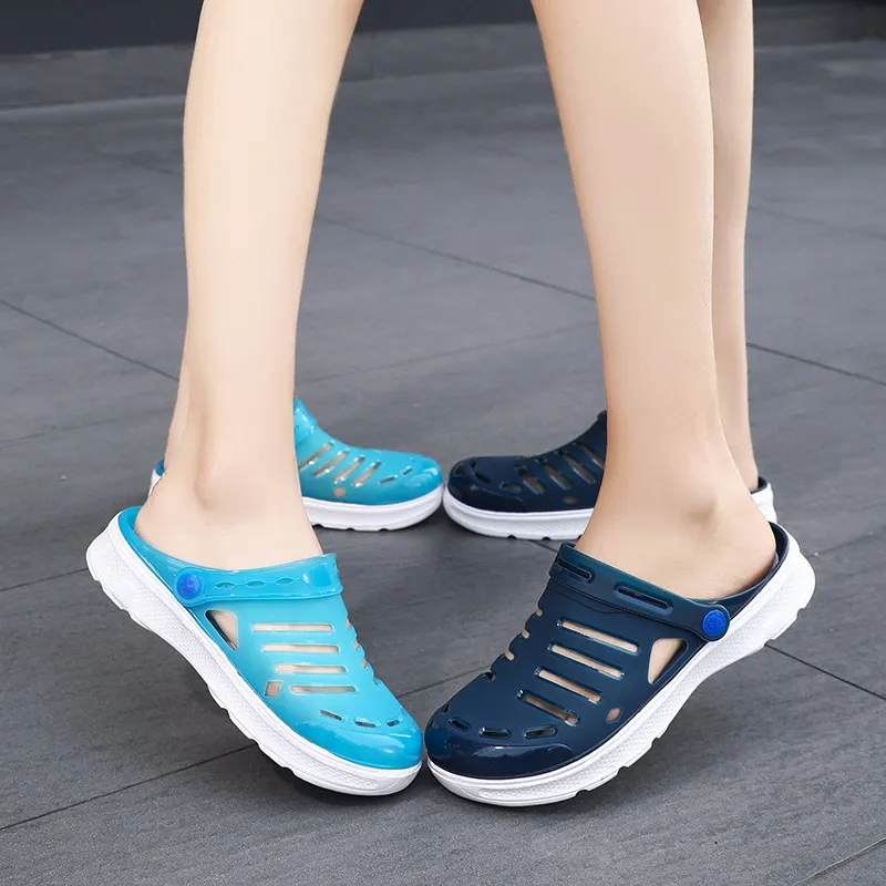 Unisex Summer Thick Platform Clogs Casual Non-Slip Beach Jelly Shoes Waterproof Hollow Out Breathable Couple Sandals
