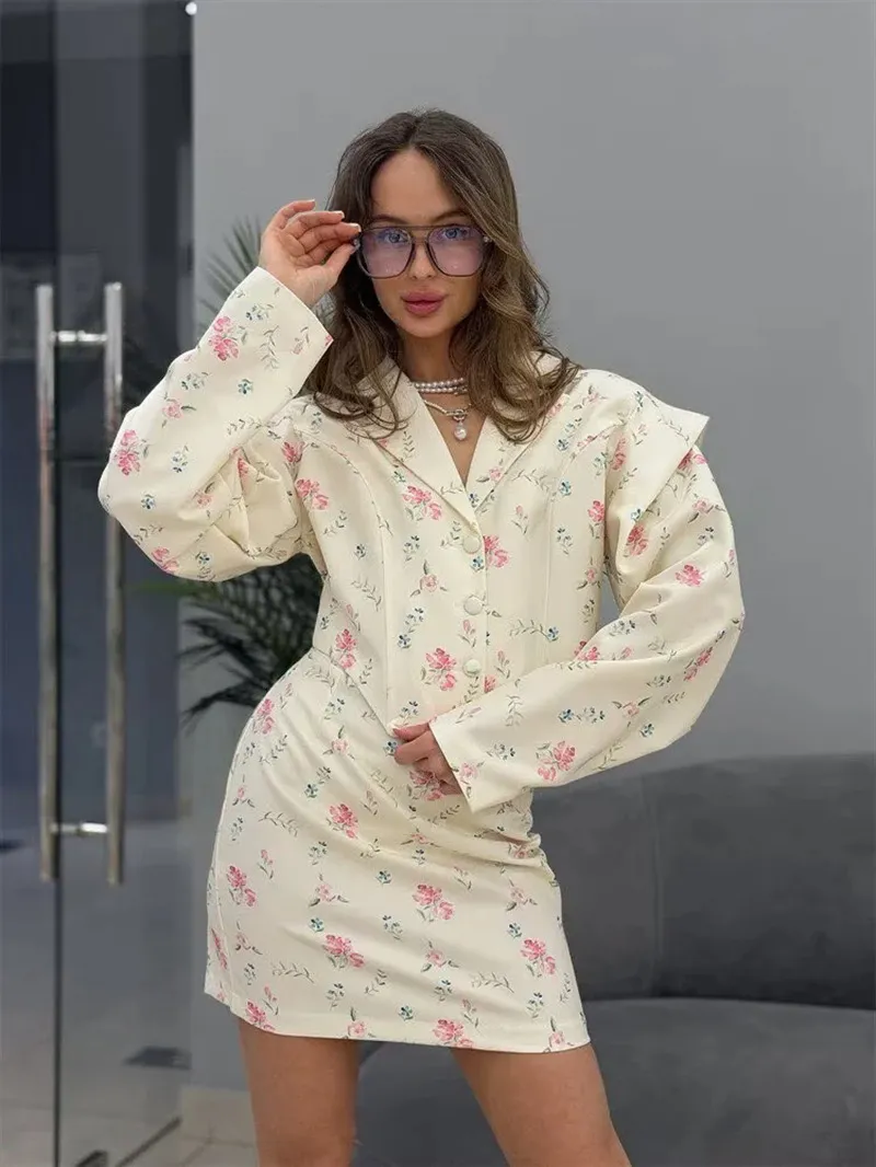 Women Fashion Floral Print Blazer And Skirt Suit Casual Long Sleeve Lapel Jacket Short Skirt Top And Bottom Vacation Outfit
