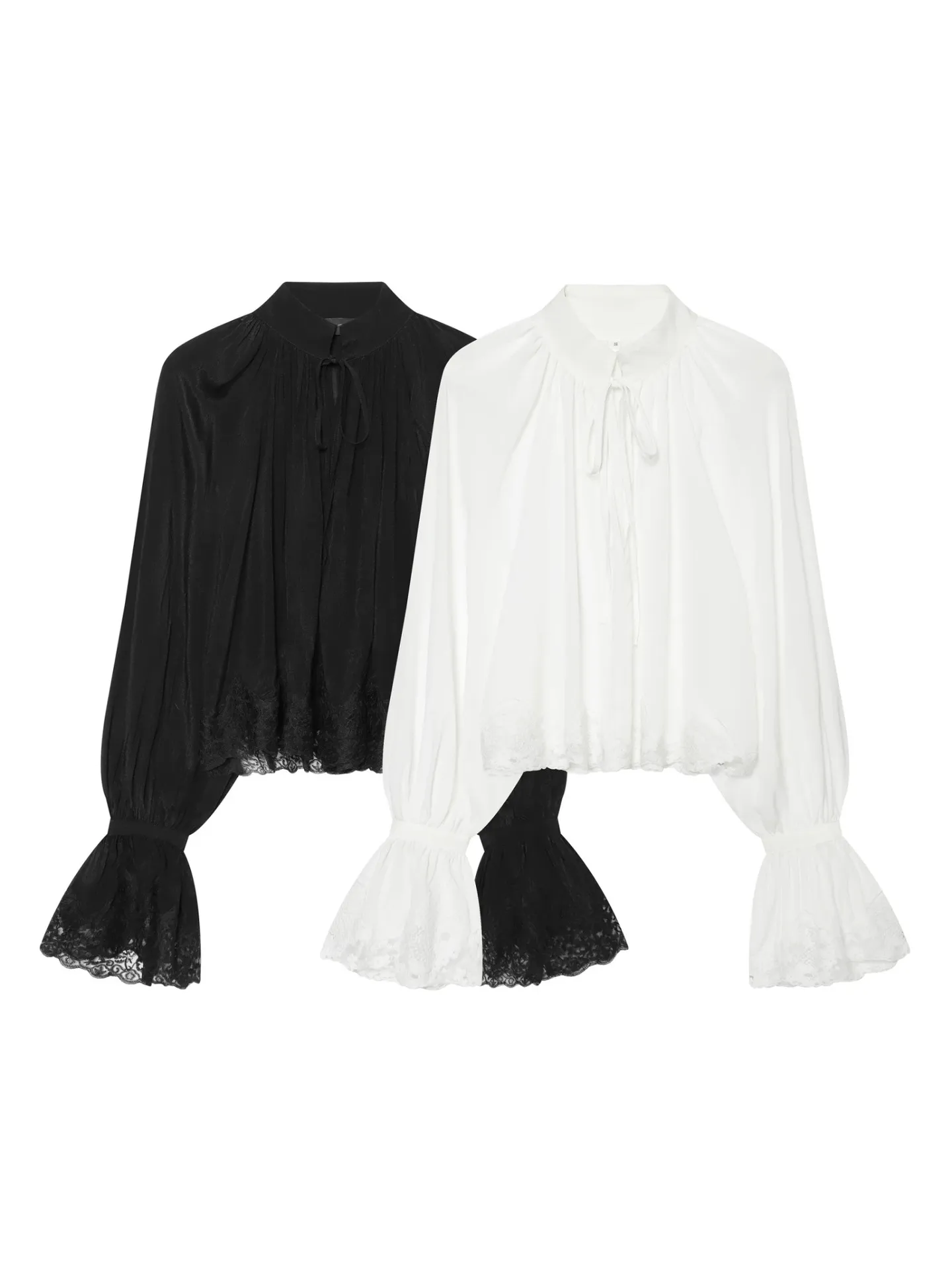 Dames Mode Lange Mouw Opstaande Kraag Blouse Elegante Effen Kleur Kant Patchwork Casual Overhemd