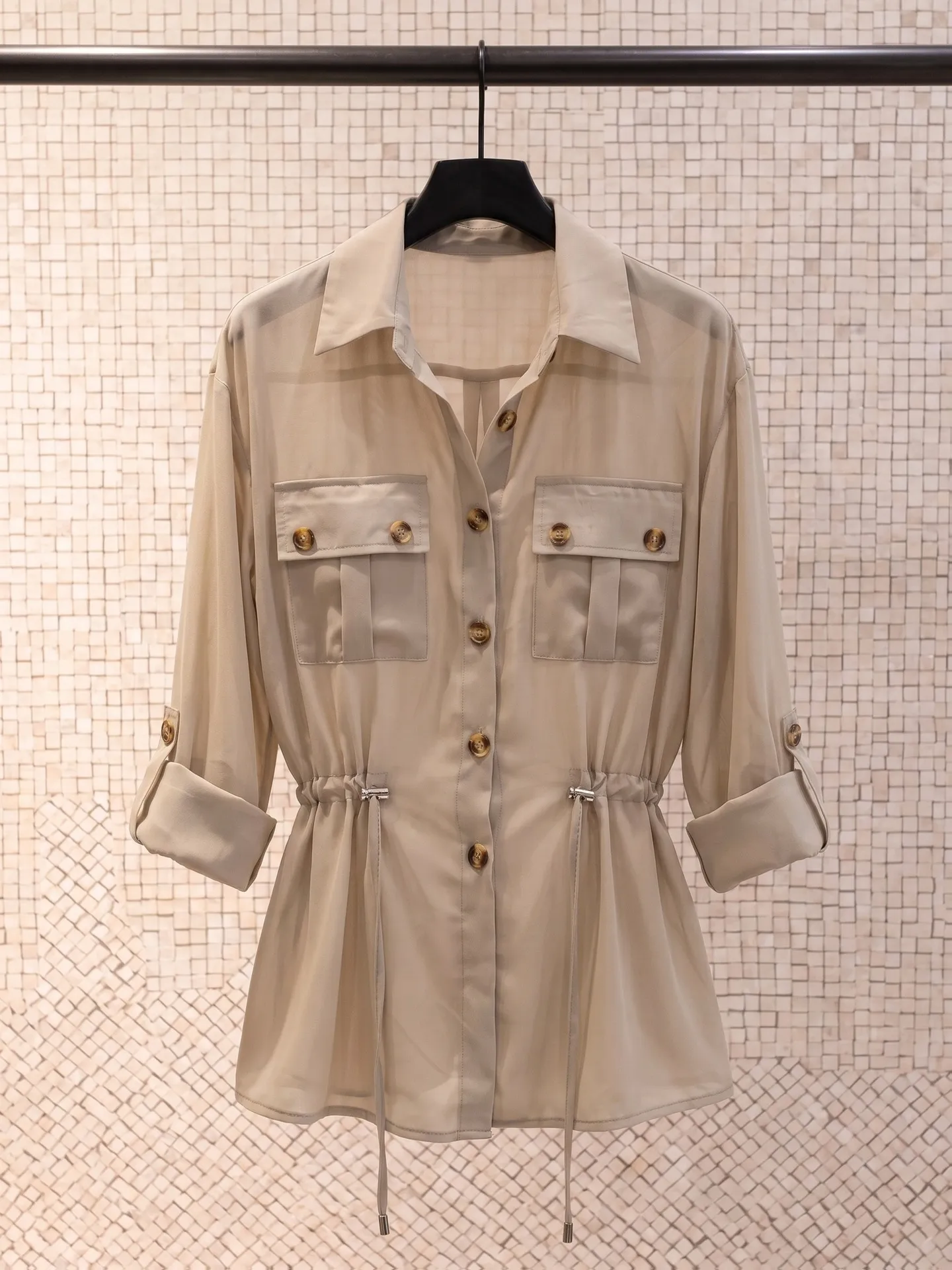 Women Casual Chiffon Utility Shirt Drawstring Waist Lapel Collar Rollable Long Sleeve Blouse Elegant Top Solid Color Apparel