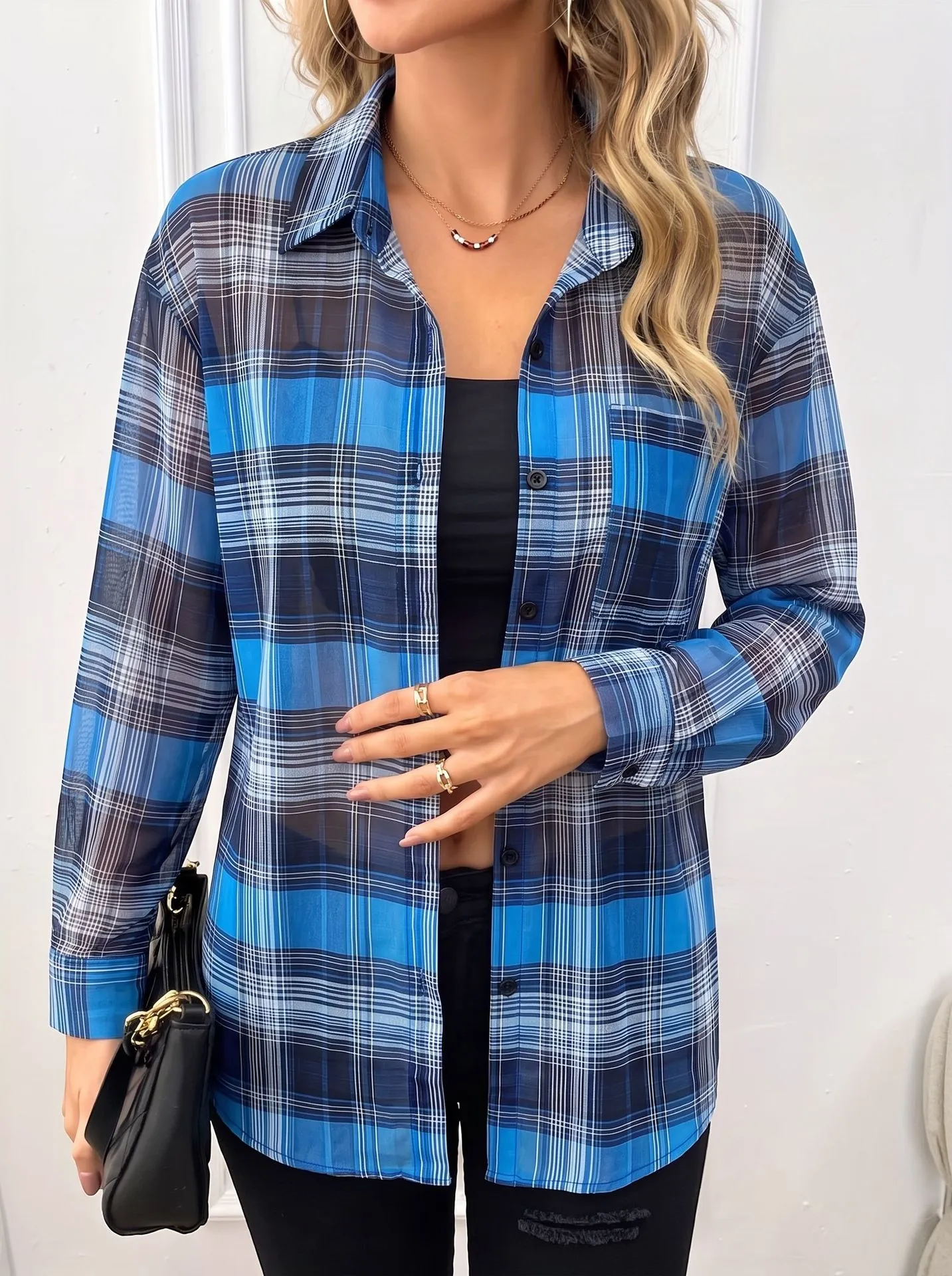 Plus Size Chiffon Plaid Sun Protection Shirt Women Summer Fashion Casual Mid-length Long Sleeve Button Up Top Outerwear