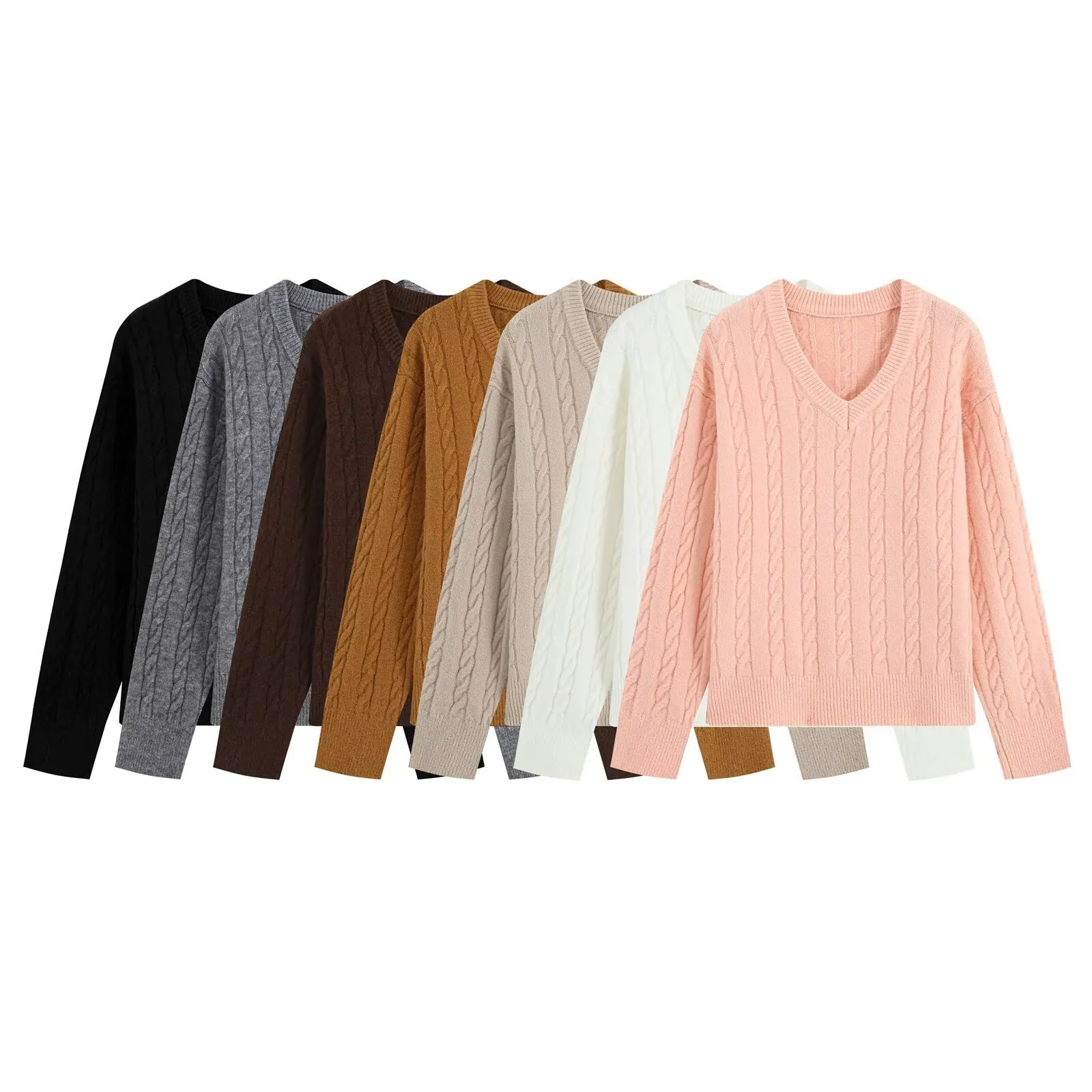 Women's Casual V-Neck Cable Knit Long Sleeve Pullover Sweater Solid Color Loose Fashion Tops