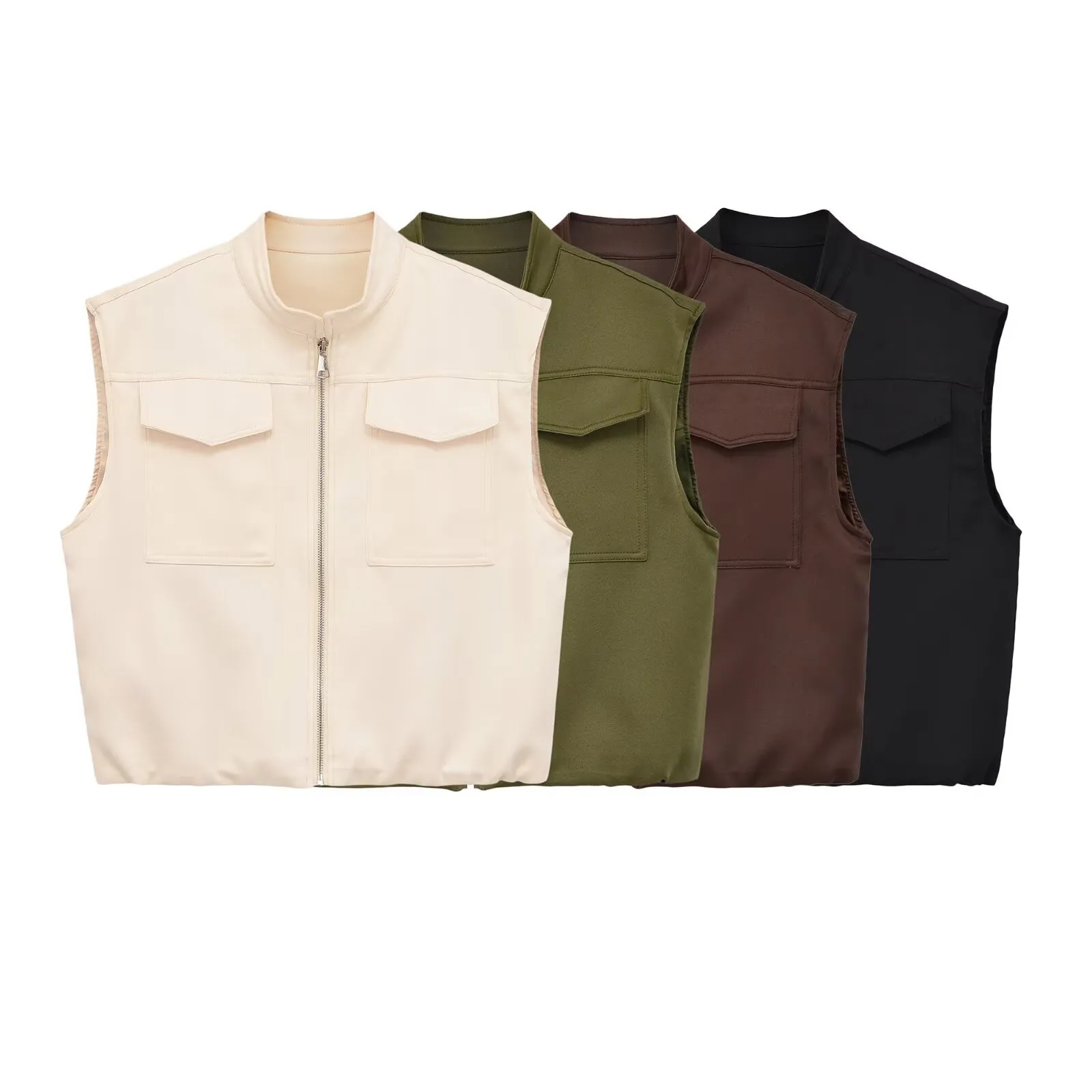 Women Casual Polyester Stand Collar Zipper Vest Sleeveless Jacket Loose Fit Outerwear With Pockets Fashion Daily Wear Top