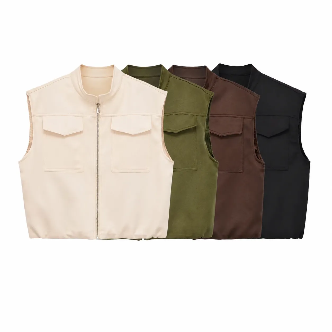 Women's Casual Cargo Vest Stand Collar Full Zip Sleeveless Outerwear Pocket Solid Color Polyester Fashion Streetwear