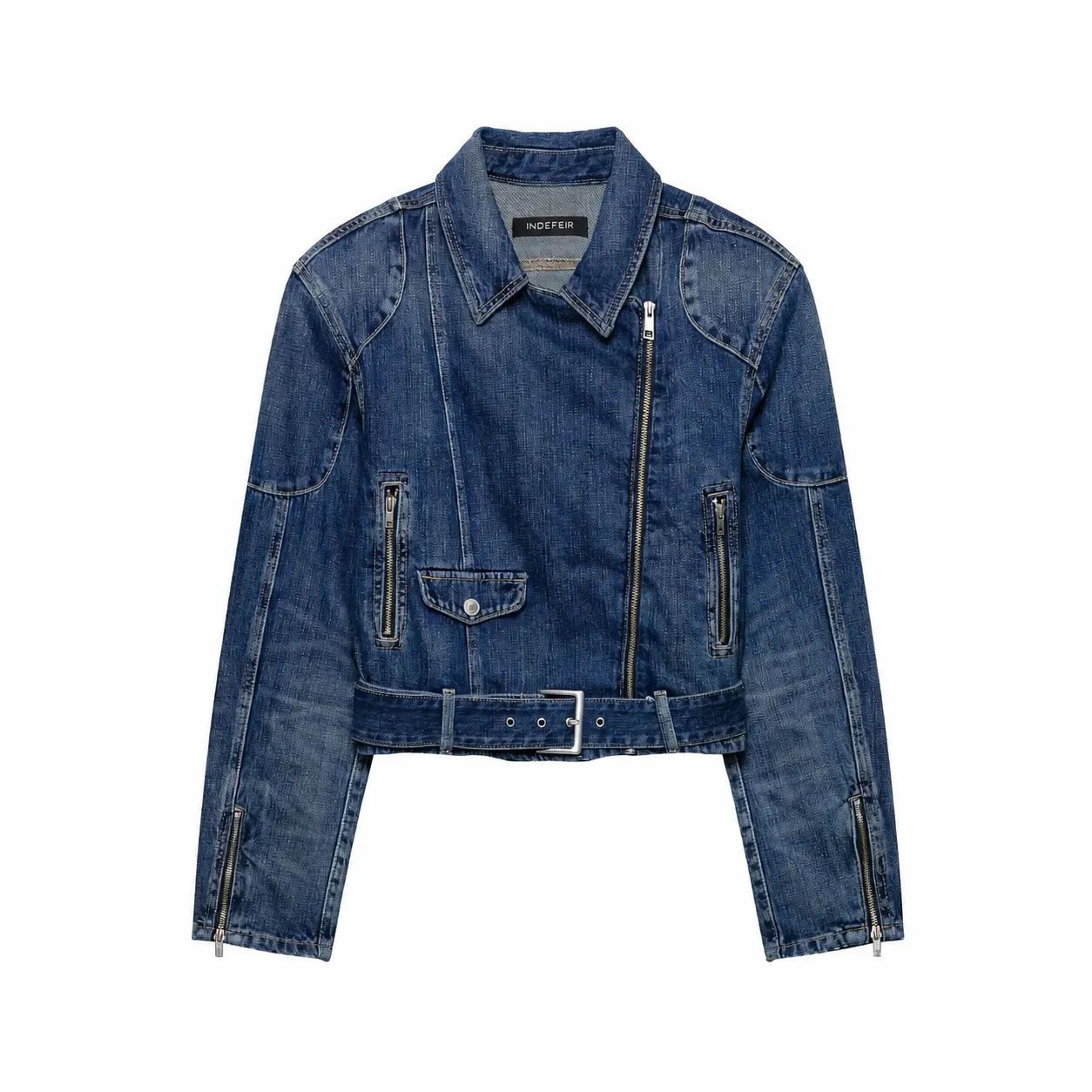 Dames Vintage Denim Motorjas Korte Bovenkleding Revers Lange Mouw Rits Met Riem Jas Lente Herfst Casual Mode