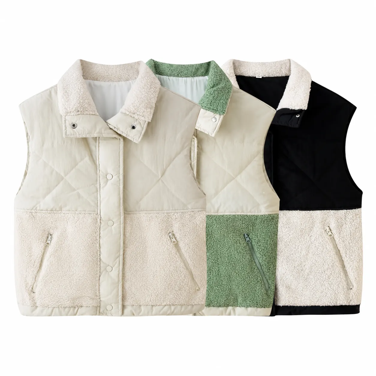 Gilet da Donna Casual Invernale con Revers in Lana di Agnello Giacca Smanicata Trapuntata Capospalla