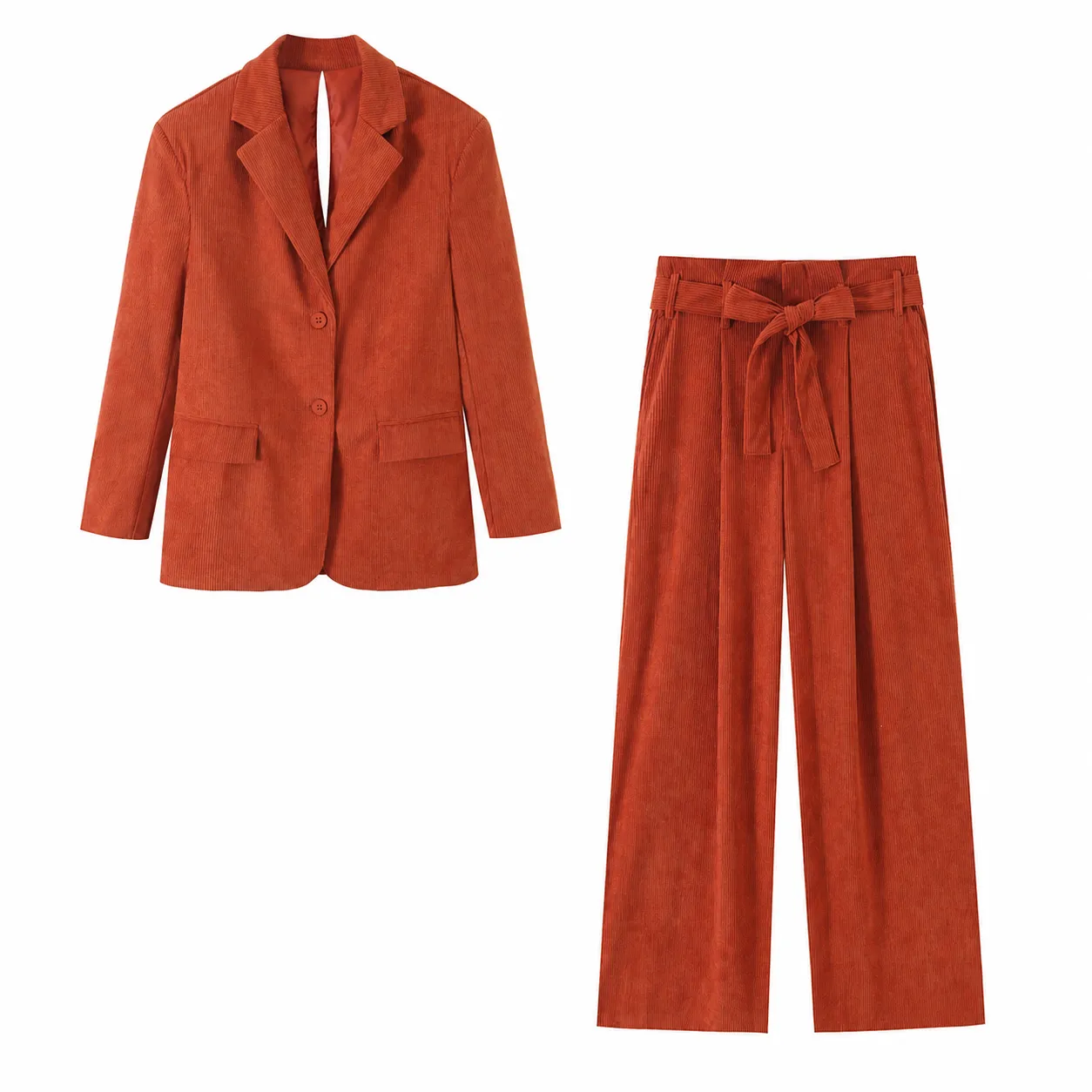 Women's Casual Corduroy Blazer And Wide Leg Pants Set Long Sleeve Lapel Single Breasted Jacket Matching Pants Suit