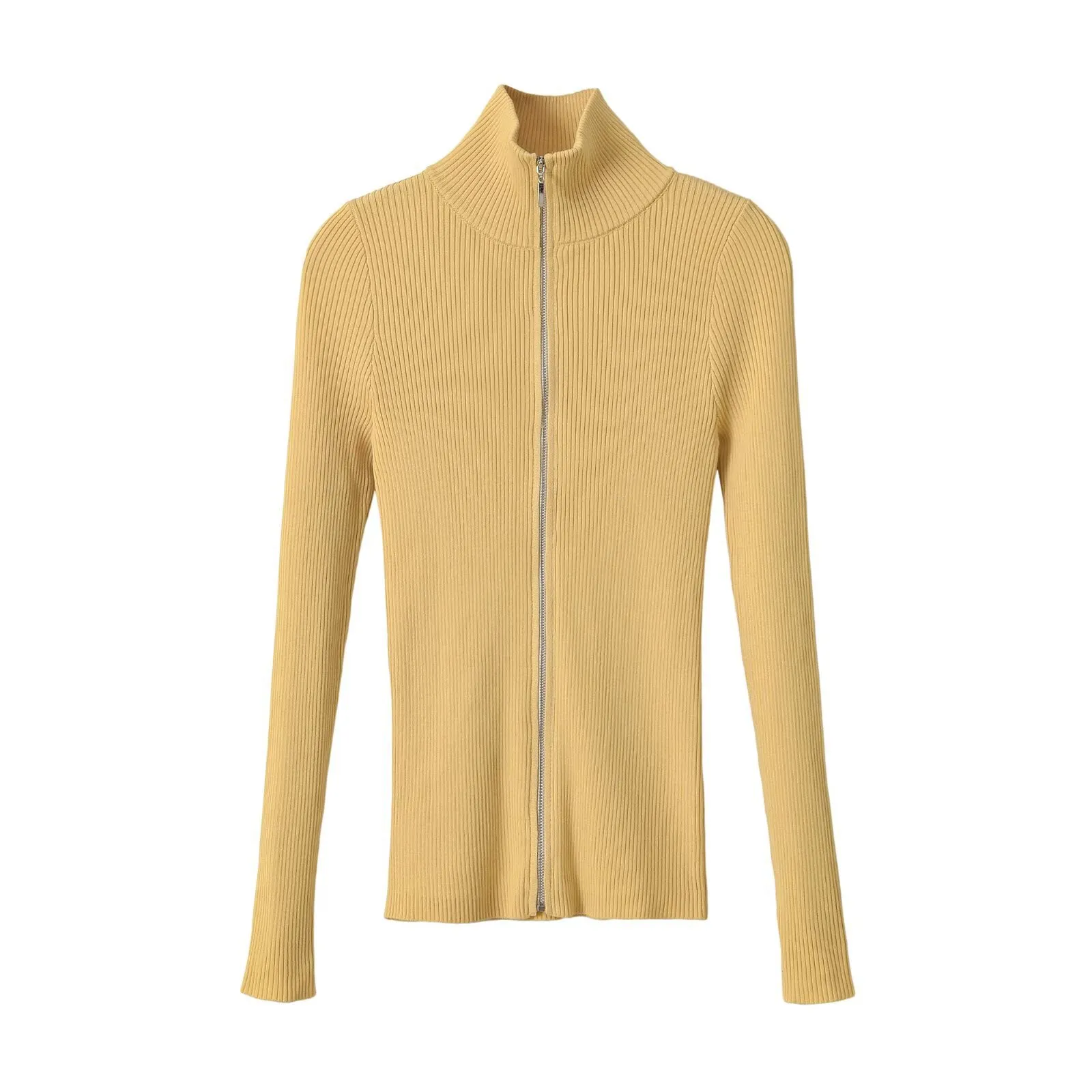 Chaqueta de Punto Acanalado con Cremallera Manga Larga Cuello Cisne Casual para Mujer Color Sólido Ajustado