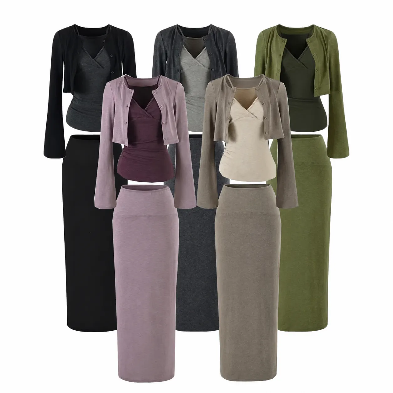 Women's Casual Cotton Blend 3-Piece Set Crew Neck Cardigan V-Neck Pleated Camisole Hip-Wrapping Midi Skirt Korean Fashion Outfit