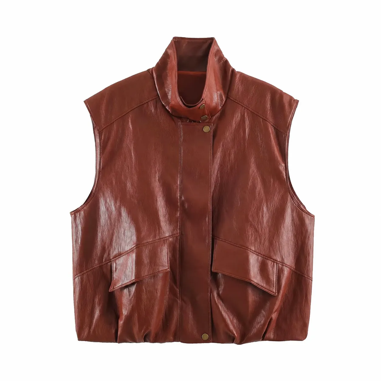 Gilet in Pelle PU Senza Maniche con Collo alla Coreana da Donna Casual con Cerniera Tasche Cappotto Moda Streetwear Tinta Unita