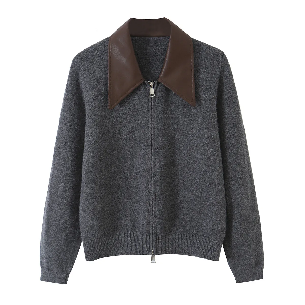 Women's Casual Solid Color Contrast Leather Collar Long Sleeve Zip Up Knitted Cardigan Sweater Fashion Commuter Outerwear