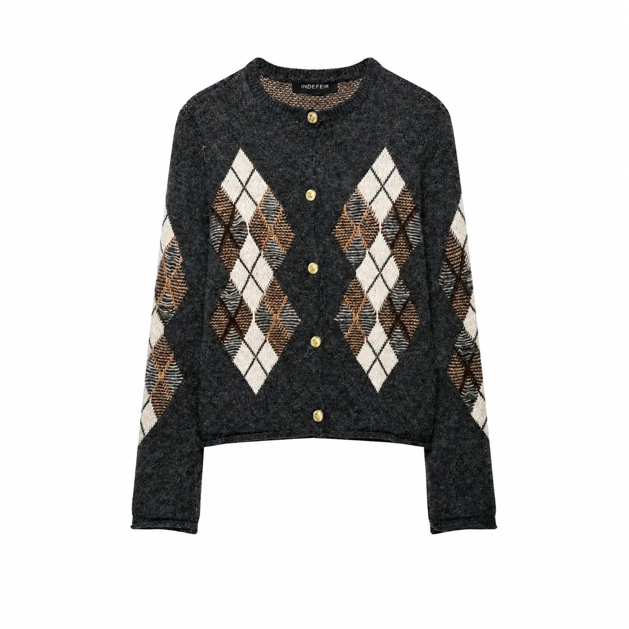 Cardigan en Tricot à Motif Argyle Manches Longues Col Rond Décontracté pour Femmes Boutonné Veste de Printemps