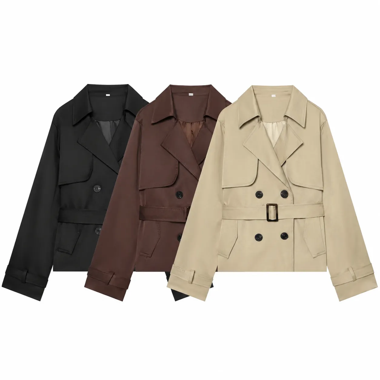 Women's Casual Short Trench Coat Double Breasted Lapel Long Sleeve Slim Fit Outerwear With Belt Solid Color Fashion Jacket