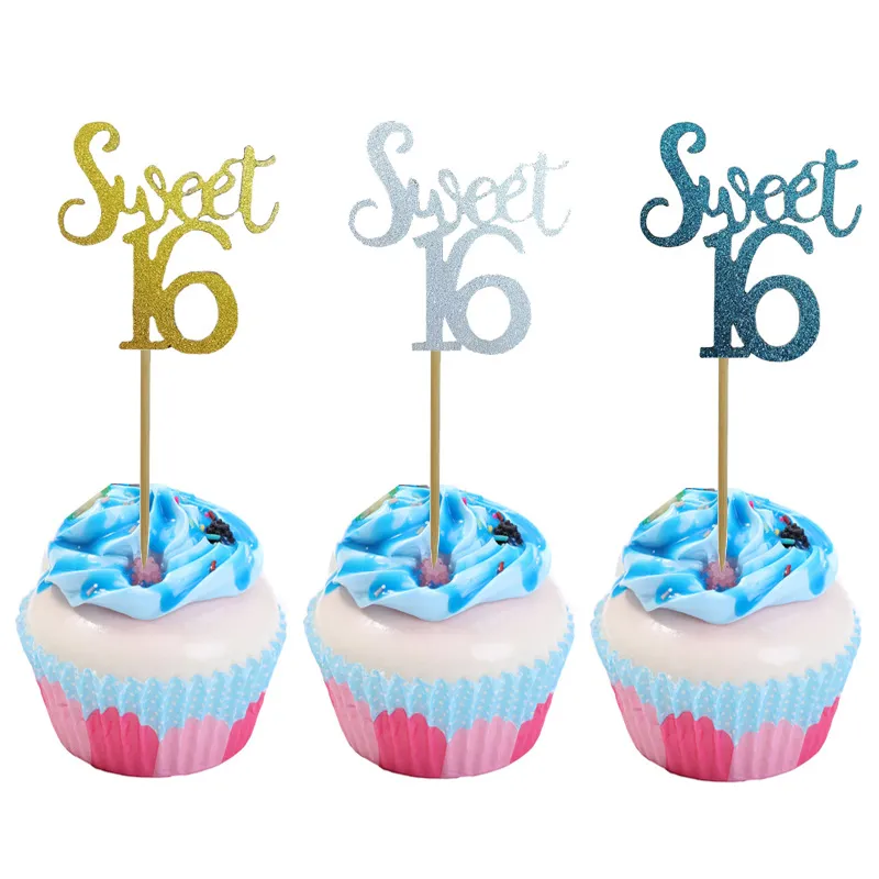 Sweet Sixteen Birthday Cake Topper Glitter Paper Cupcake Topper Party Decoration Dessert Table Sign Insert