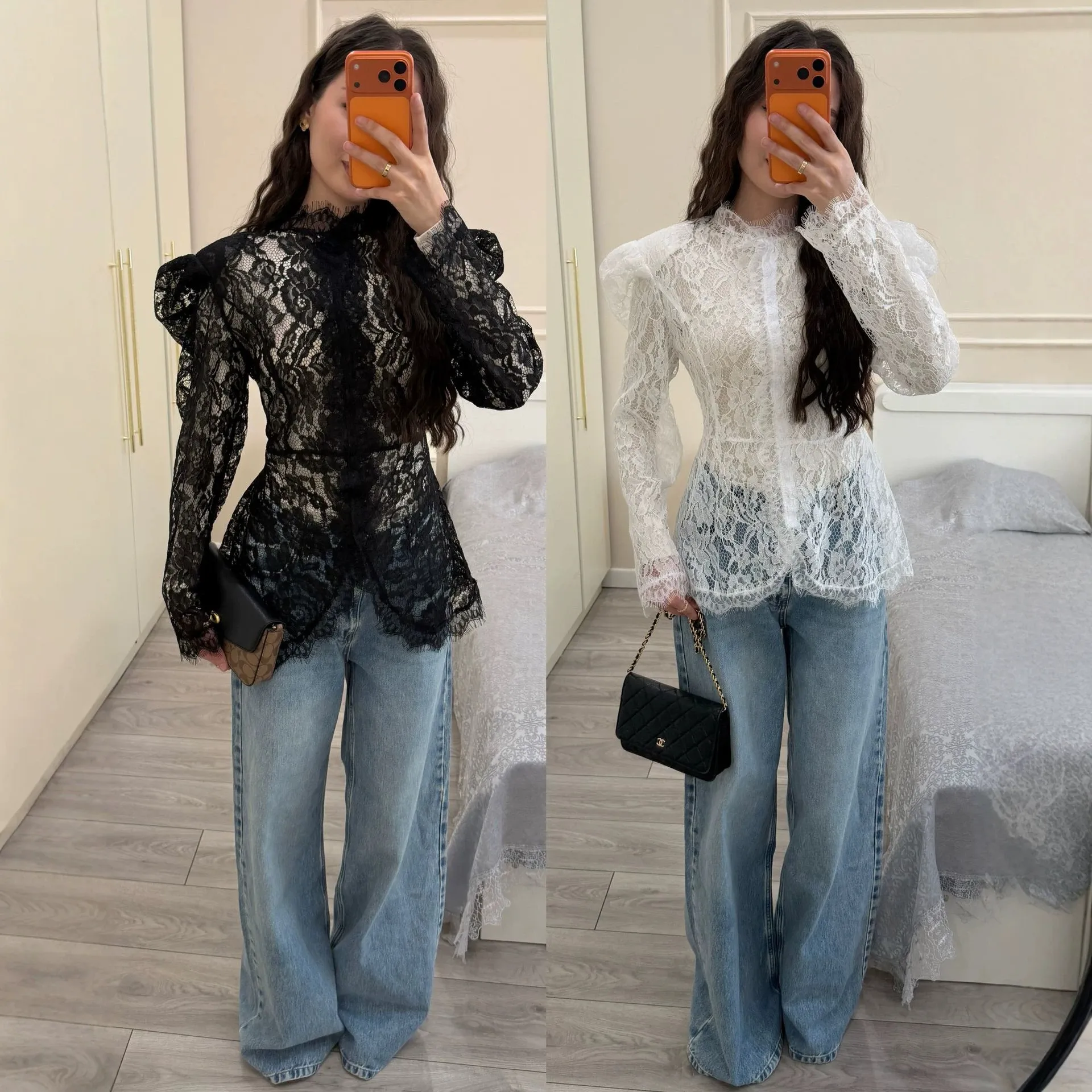Women's Elegant Lace Slim Fit Blouse Long Sleeve Solid Color Patchwork Shirt Top For Office Lady Casual Chic Autumn Clothing