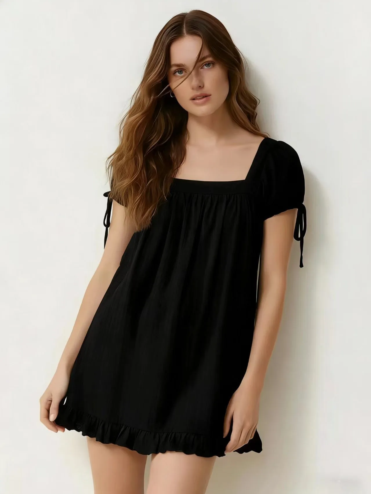 Camicetta Casual Larga con Orlo Volant da Donna Dolcemente Manica Corta Collo Quadrato Manica a Puffo Allacciata Top Babydoll